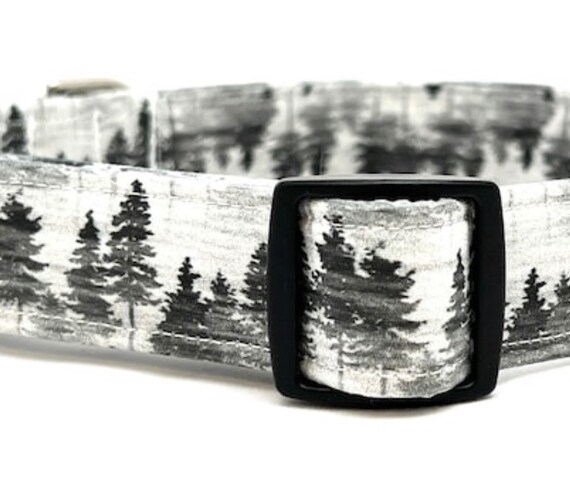 Dog Collar for Boy Girl- Trees in Woodland Forest- Black White Grey