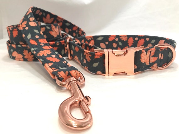 Fall Dog Collar Leash Set - Rose Gold Metal Buckle - Autumn Leaves Peach- NO ENGRAVING