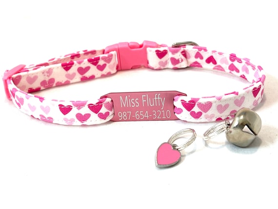 Valentine's Day Cat Collar with Colored Slide-On Engraved ID Tag - Breakaway Buckle - Tiny Pink Hearts
