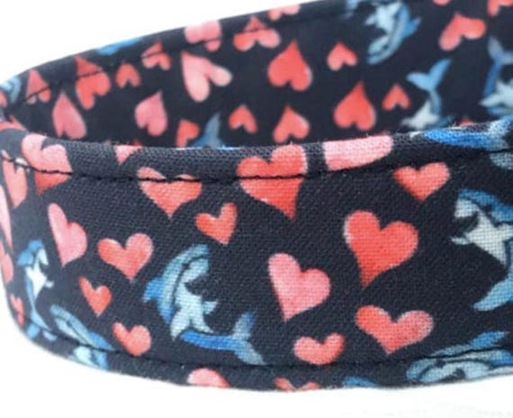 Valentines Day Collar for Boy Girl Dog - Hearts and Sharks on Blue