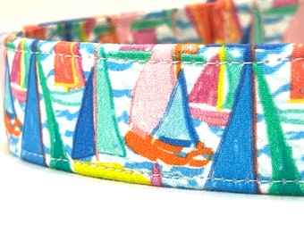 Nautical Dog Collar for Boy, Girl - Colorful Sailboats