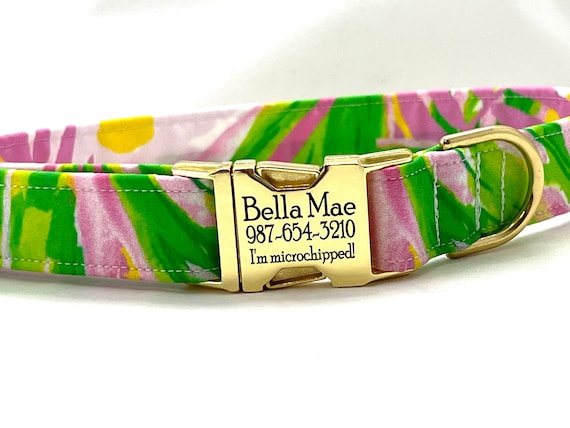 Tropical Dog Collar for Boy, Girl - Personalized Engraved Buckle - Pink Island Beach