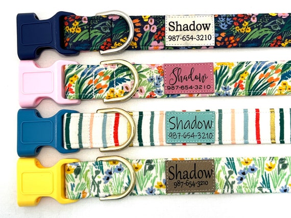 Rifle Paper Co. Personalized Dog Collar for Girl, Boy- Pleather Name Patch - Breezy Meadow Flowers