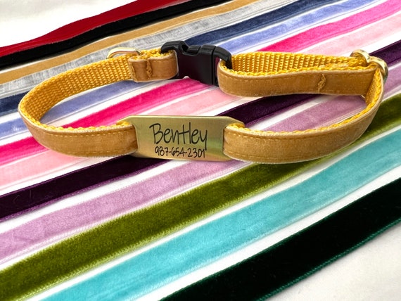 Velvet Collar for TINY DOGS- 3/8" wide- Personalized Slide-On Engraved Brass ID Tag