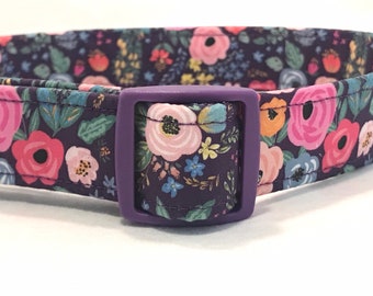 Purple Dog Collar - Retro Flowers - Dark Plum - Green - Black
