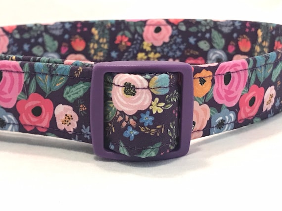 Purple Dog Collar - Retro Flowers - Dark Plum - Green - Black