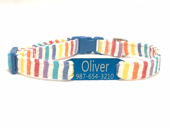 Beach Cat Collar - Personalized with Slide On ID Tag - Breakaway - Rainbow Seersucker Stripes