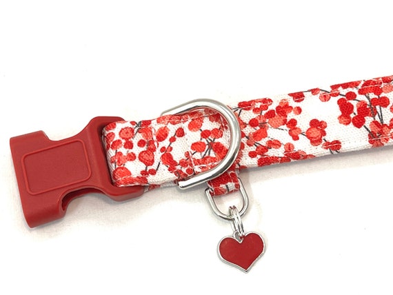 Red Valentines Day Dog Collar with Extra D-Ring and Enamel Heart Charm