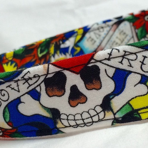 Tattoo Dog Collar - Ed Hardy Fabric - Skulls, Tigers, Hearts, Birds