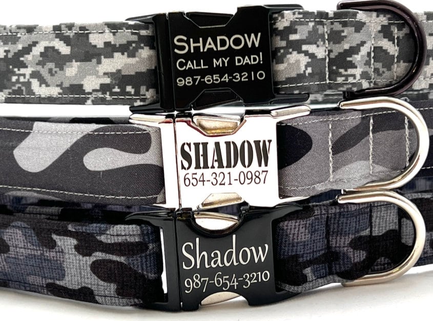 Black Camo Dog Collar for Boy Girl Personalized Engraved Buckle