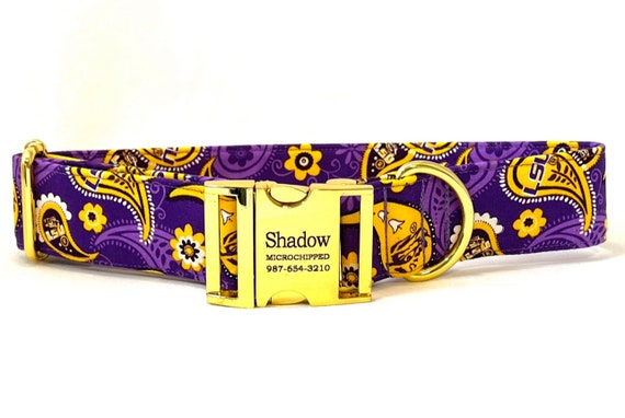 Louisiana Football Dog Collar for Boy, Girl - 1.5” Wide Personalized Engraved Buckle - Purple and Gold Sports Fan
