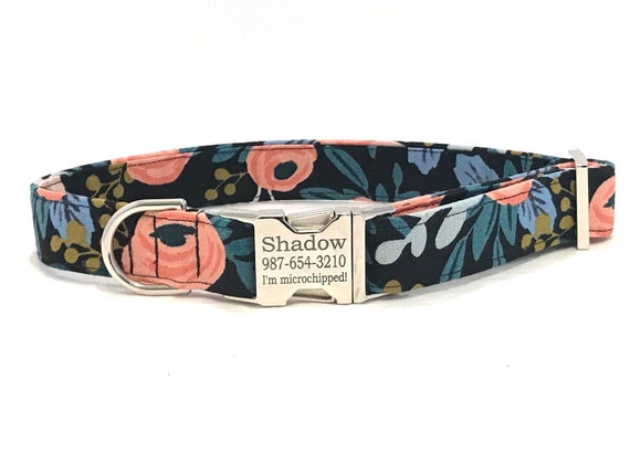 Rifle Paper Co Personalized Dog Collar - Laser Engraved Buckle - Black Garden Party