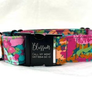 Martingale Dog Collar - Personalized Laser Engraved Buckle - Abstract Teal Magenta Floral