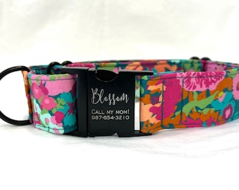 Martingale Dog Collar - Personalized Laser Engraved Buckle - Abstract Teal Magenta Floral