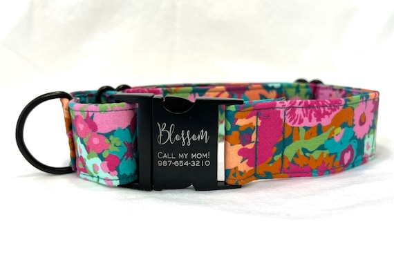 Martingale Dog Collar - Personalized Laser Engraved Buckle - Abstract Teal Magenta Floral