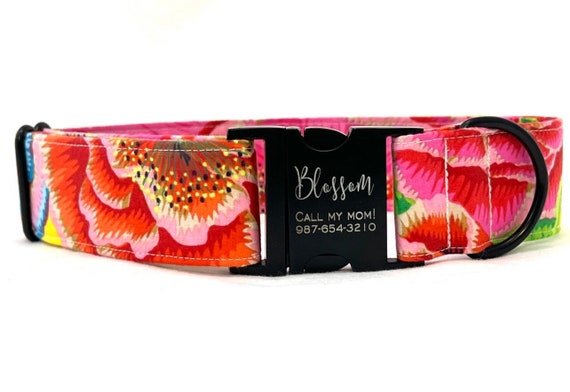 1.5” Wide Personalized Engraved Dog Collar - Hot Summer Flowers