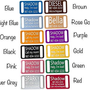 May include: A set of ten dog ID tags in various colors, including blue, light blue, orange, black, pink, silver grey, brown, rose gold, purple, and gold. Each tag features a different name and phone number, with some tags also including the text "Microchipped" or "Help, I'm lost!"