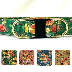BREAKAWAY Dog Collar for Boy, Girl - Country Flowers - Green, Blue, Mustard, Coral Pink - Safety