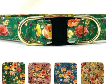 BREAKAWAY Collar para Perro para Niño, Niña - Flores Campestres - Verde, Azul, Mostaza, Rosa Coral - Seguridad