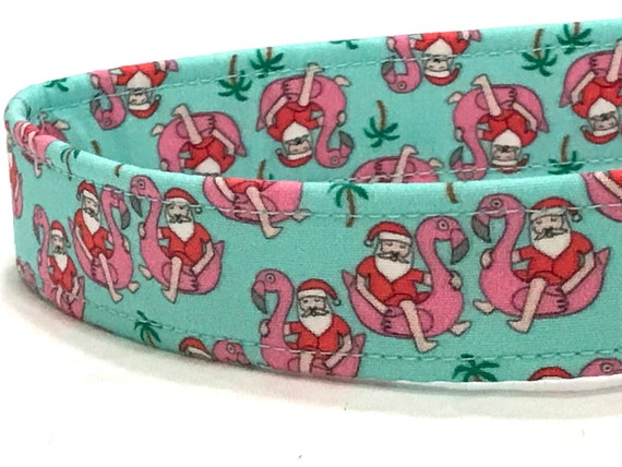 Tropical Christmas Dog Collar for Boy Girl - Santas on Flamingo Pool Floats