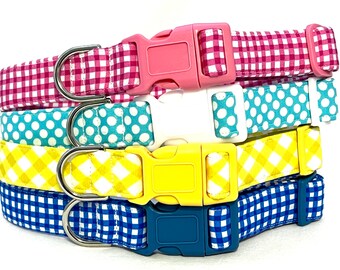 Colorful Plaid & Dots Dog Collar, Summer Puppy Collar