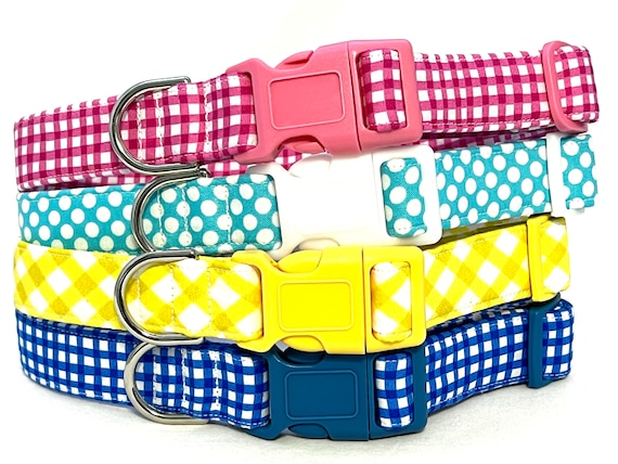 Summer Dog Collar for Girl, Boy- Colorful Checks, Dots and Plaids - Blue, Pink, Yellow, Aqua