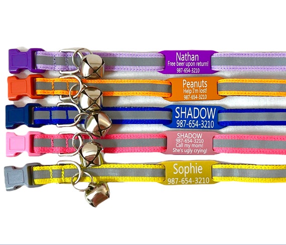 Reflective Cat Collar with PERSONALIZED ID TAG - 3/8" Breakaway with Bell - Available in 12 Colors