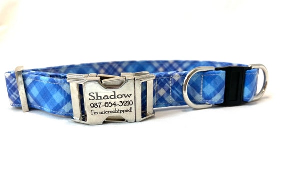Personalized BREAKAWAY Dog Collar - Laser Engraved Buckle - Tropical Blue Plaid