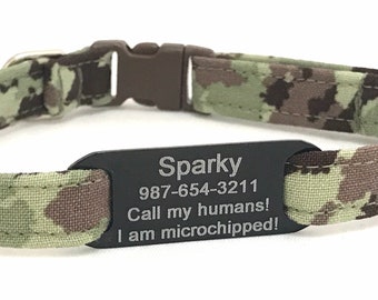 Camo Cat Collar - Personalized Slide-On ID Tag - Breakaway - Green Khaki