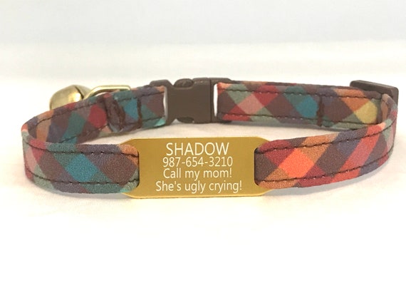 Fall Cat Collar for Boy - Harvest Plaid - Personalized Slide-On ID Tag - Breakaway - Retro Brown Plaid