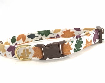 Fall Cat Collar for Boy, Girl - Breakaway - Autumn Leaves on White