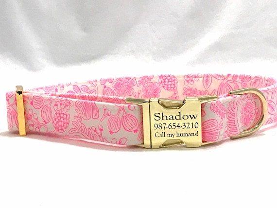 Rifle Paper Co Personalized Dog Collar - Laser Engraved Buckle - Summer Neon Pink