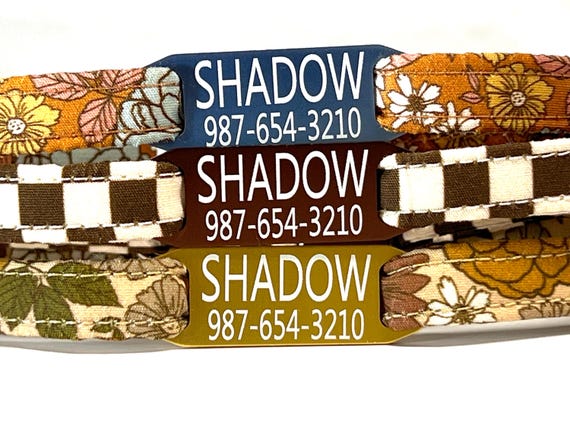Personalized Breakaway Cat Collar – Engraved Slide-On ID Tag - Rust, Tan Floral, Brown Checks