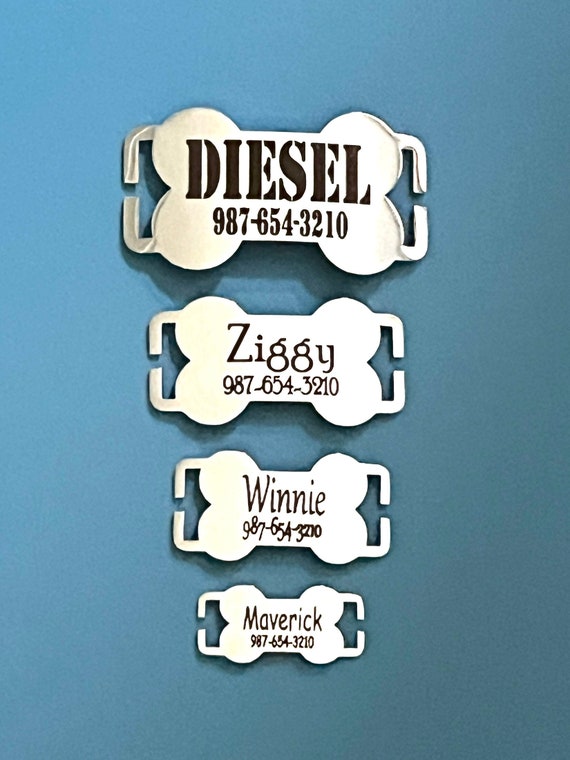 Bone Shaped Slide-On ID Tag for Dog Collar - Personalized Engraved Name- Removable - 1”, 3/4”, 5/8”, 3/8"