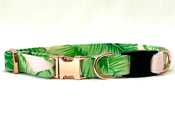 BREAKAWAY Beach Dog Collar with Metal Side-Release Buckle - Safety Collar - Tropical Palms - Rose Gold