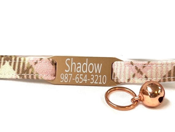 Personalized Breakaway Cat Collar - Slide-On ID Tag - Pastel Pink and Brown Plaid