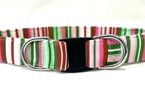 Christmas BREAKAWAY Dog Collar for Boy, Girl - - Preppy Pink Red and Green Peppermint Candy Stripes - Safety