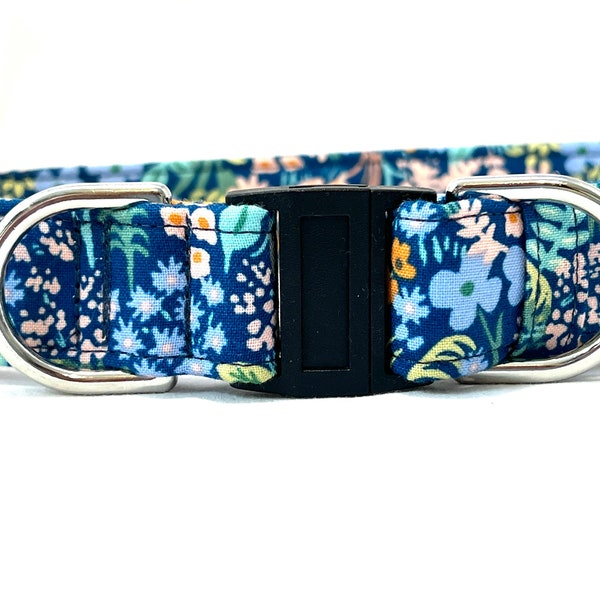 Rifle Paper Co BREAKAWAY Dog Collar for Boy, Girl - Blue Floral - Safety