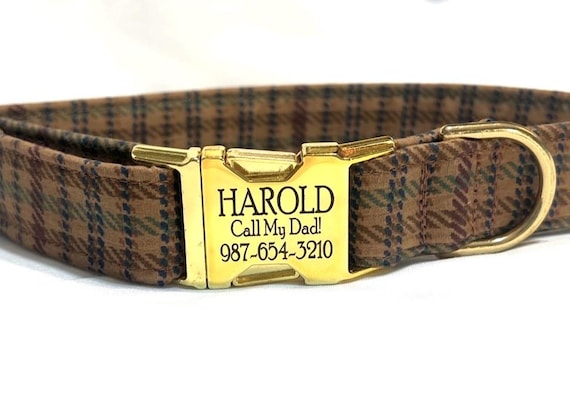 Fall Dog Collar - Personalized Laser Engraved Buckle - Vintage College Professor Plaid