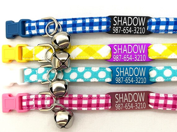 Summer Personalized Breakaway Cat Collar - Slide-On Engraved ID Tag - 3/8" - Colorful Checks, Dots and Plaids - Blue - Pink - Yellow - Aqua