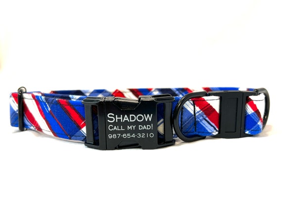 Personalized BREAKAWAY Dog Collar - Laser Engraved Buckle - Red, White, Blue Plaid