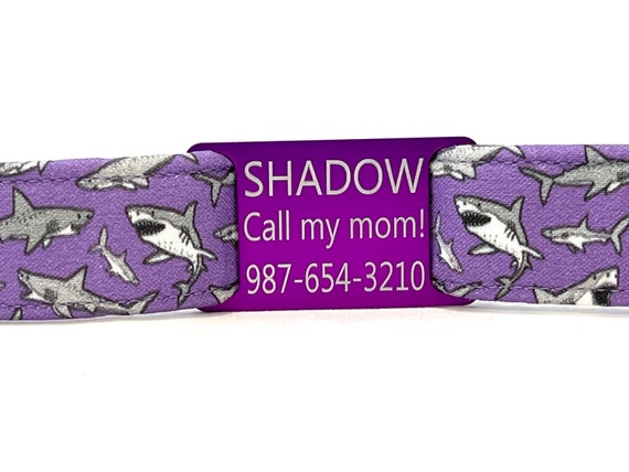 Purple Shark Dog Collar for Boy, Girl - Personalized with Slide On ID Tag