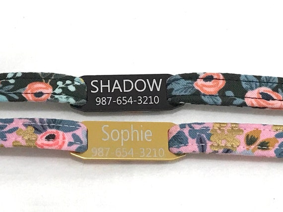 Rifle Paper Co - Personalized Breakaway Cat Collar - Slide-On Engraved ID Tag - 3/8" - Le Fleurs Rosa Floral, Black, Pink Violet
