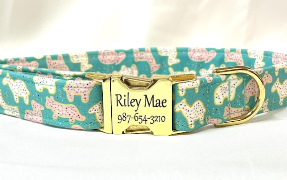 Personalized Dog Collar Laser Engraved Buckle - Frosted Animal Cookies with Sprinkles on Aqua