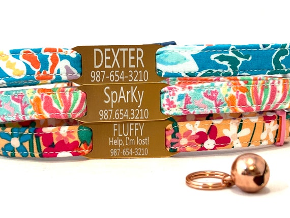 Rose Gold Personalized Breakaway Cat Collar - Slide-On Engraved ID Tag - 3/8" - Fun Summer Colors