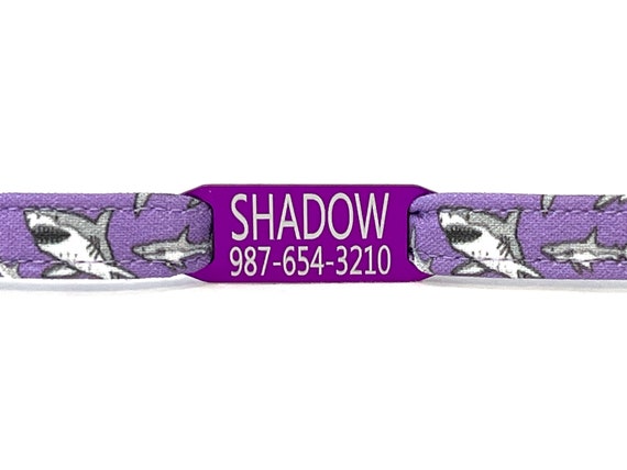 Personalized Purple Shark Cat Collar for Boy, Girl - Slide-On ID Tag - Breakaway