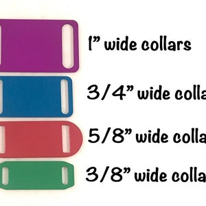 May include: Four metal dog collar buckles in different sizes: 1 inch, 3/4 inch, 5/8 inch, and 3/8 inch. The buckles are purple, blue, red, and green.