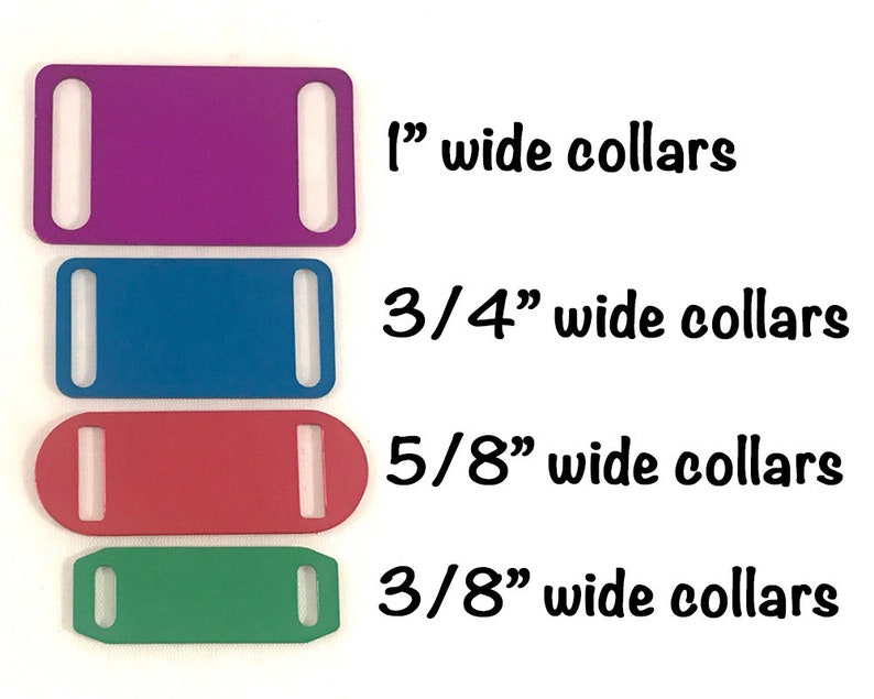 May include: Four metal dog collar buckles in different sizes: 1 inch, 3/4 inch, 5/8 inch, and 3/8 inch. The buckles are purple, blue, red, and green.
