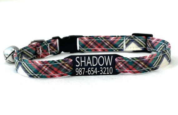 Plaid Cat Collar - Personalized Slide-On ID Tag - Breakaway - Red, Black, Green, Yellow Cream Tartan