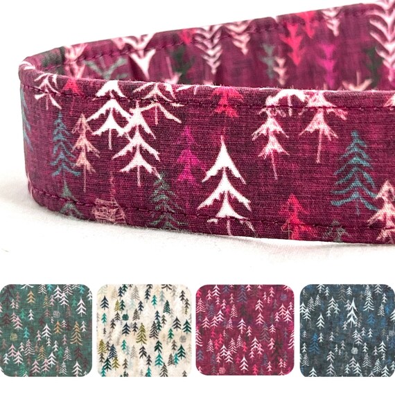 Trees Dog Collar -  Tranquil Autumn Forest - Burgundy - Green - Blue - Cream